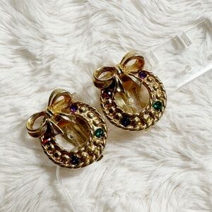 🎄Vintage Christmas Wreath Rhinestone Clip On Earrings
